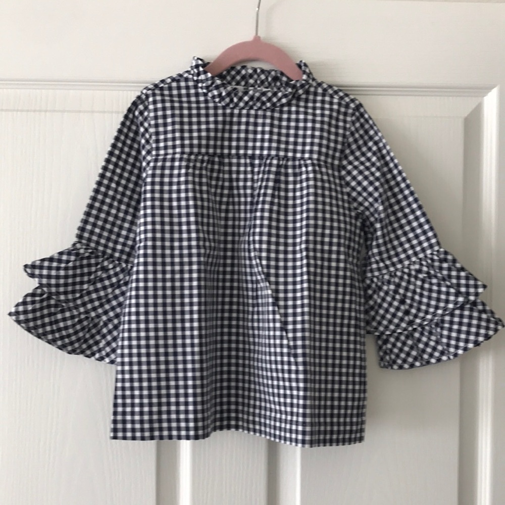Janie and Jack Dark Navy/White Gingham Ruffle Sleeve Top - Size 7